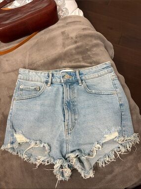 Zara Light Blue Distressed High-Rise Denim Shorts